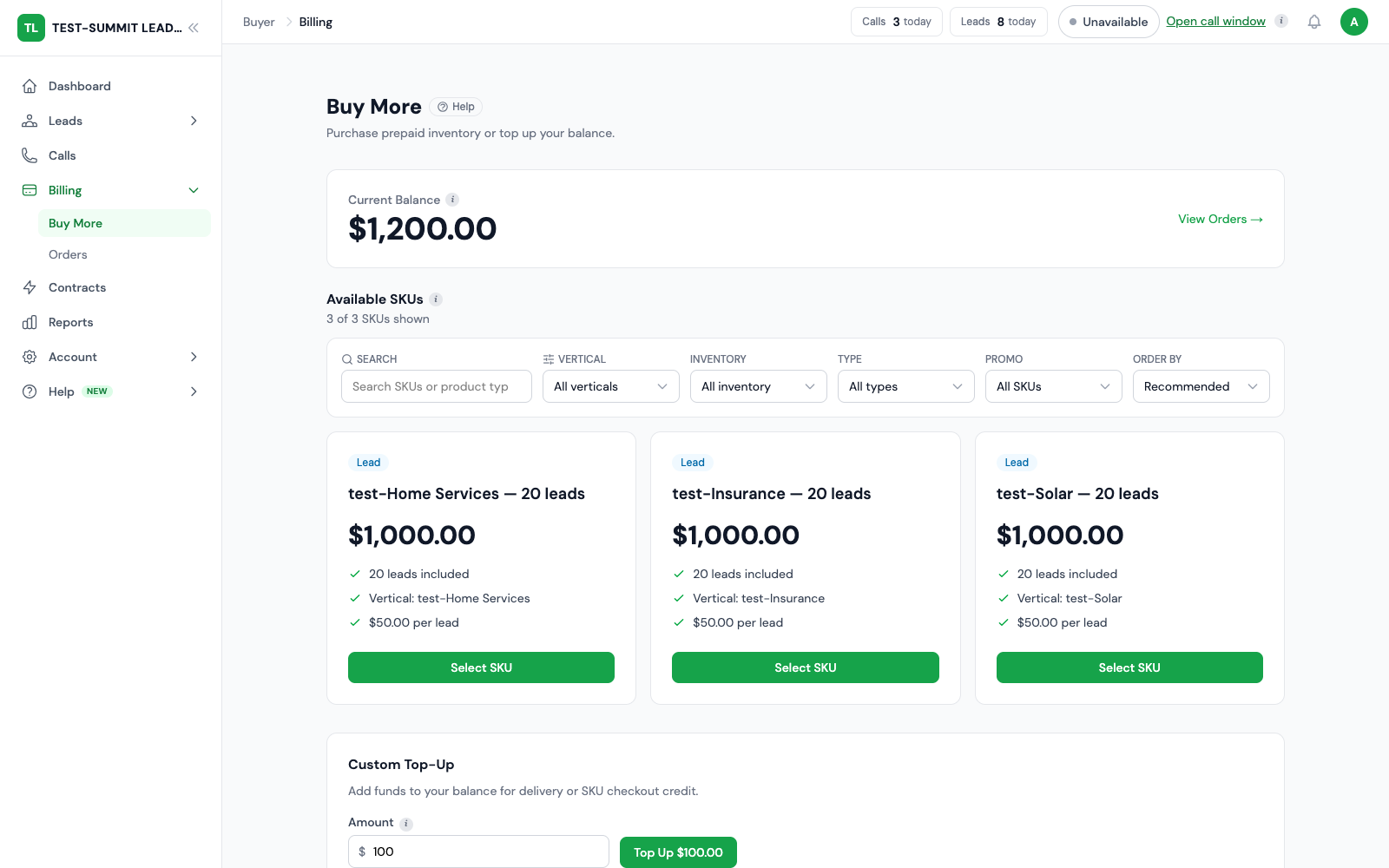 Your buyer’s storefront. Lead packages, quantities and purchase choices in one buyer workspace.